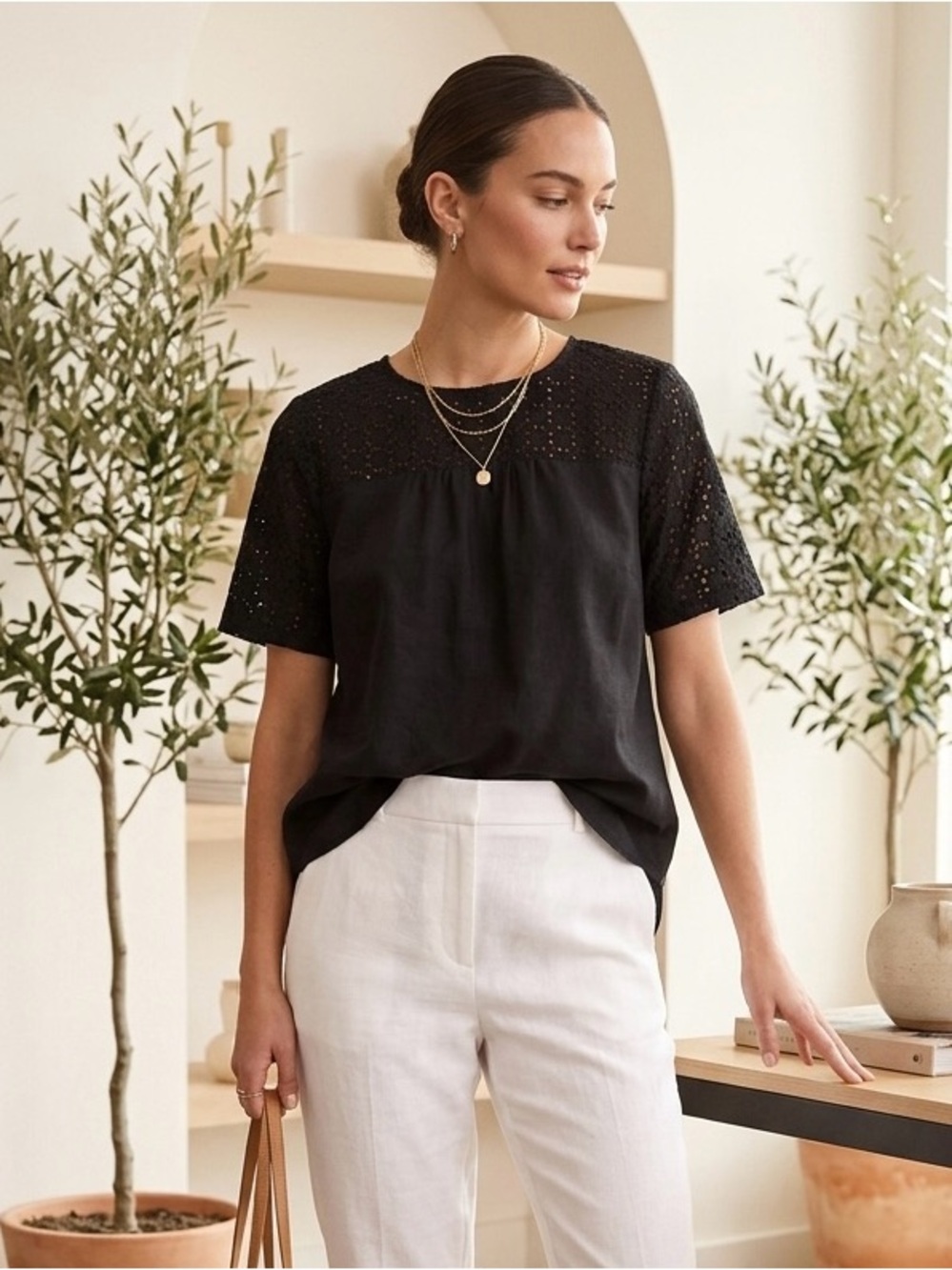 L.L. Bean Black Lightweight Cottagecore Versatile Eyelet Yoke Short Sleeve Top M